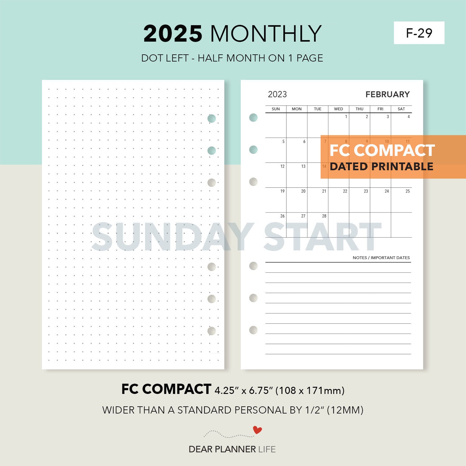 2025 Month On 1 Page with Dots, SUNDAY Start (FC Compact Size) Printable PDF : F-29