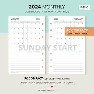 2024 Continuous Month On 1 Page, SUNDAY Start (FC Compact Size) Printable PDF : F-29 C