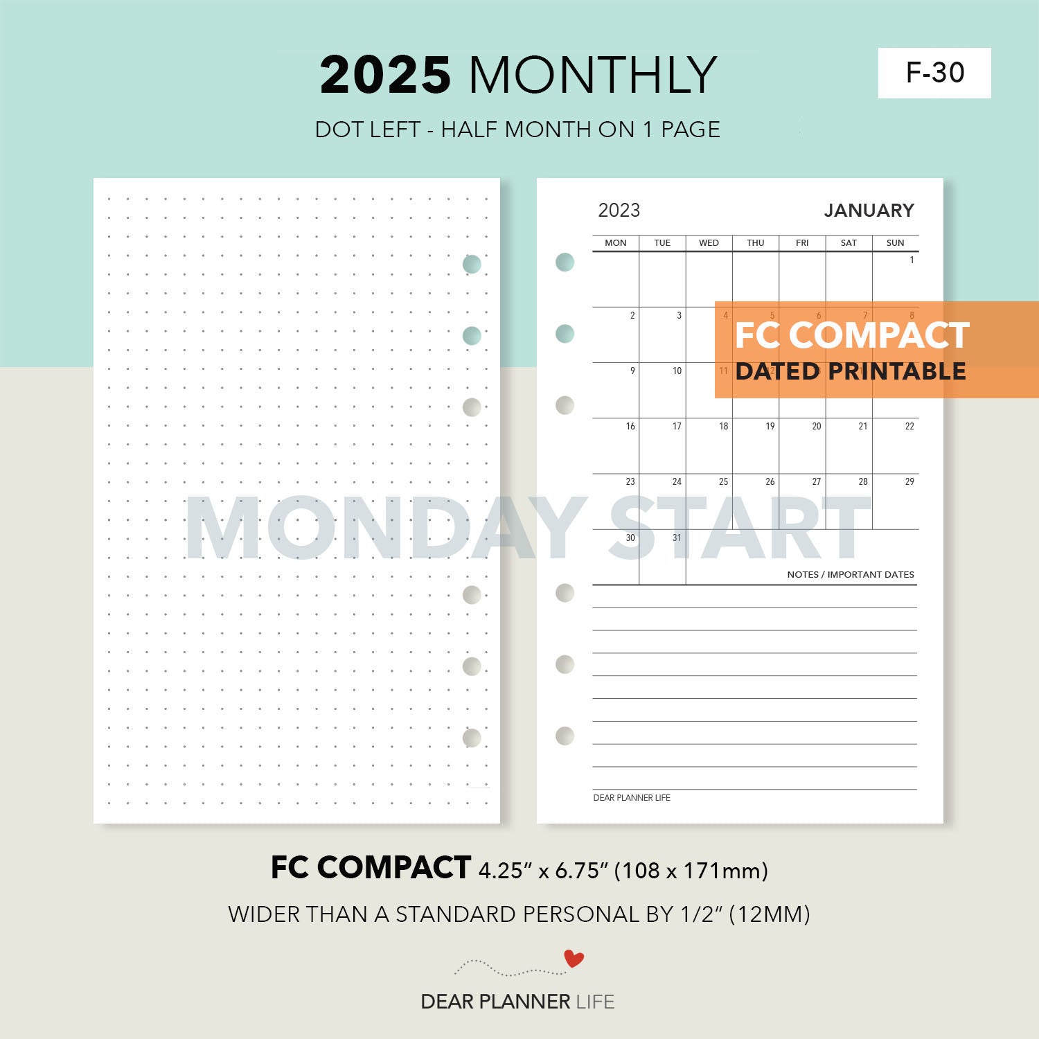 2025 Month On 1 Page with Dots, MONDAY Start (FC Compact Size) Printable PDF : F-30