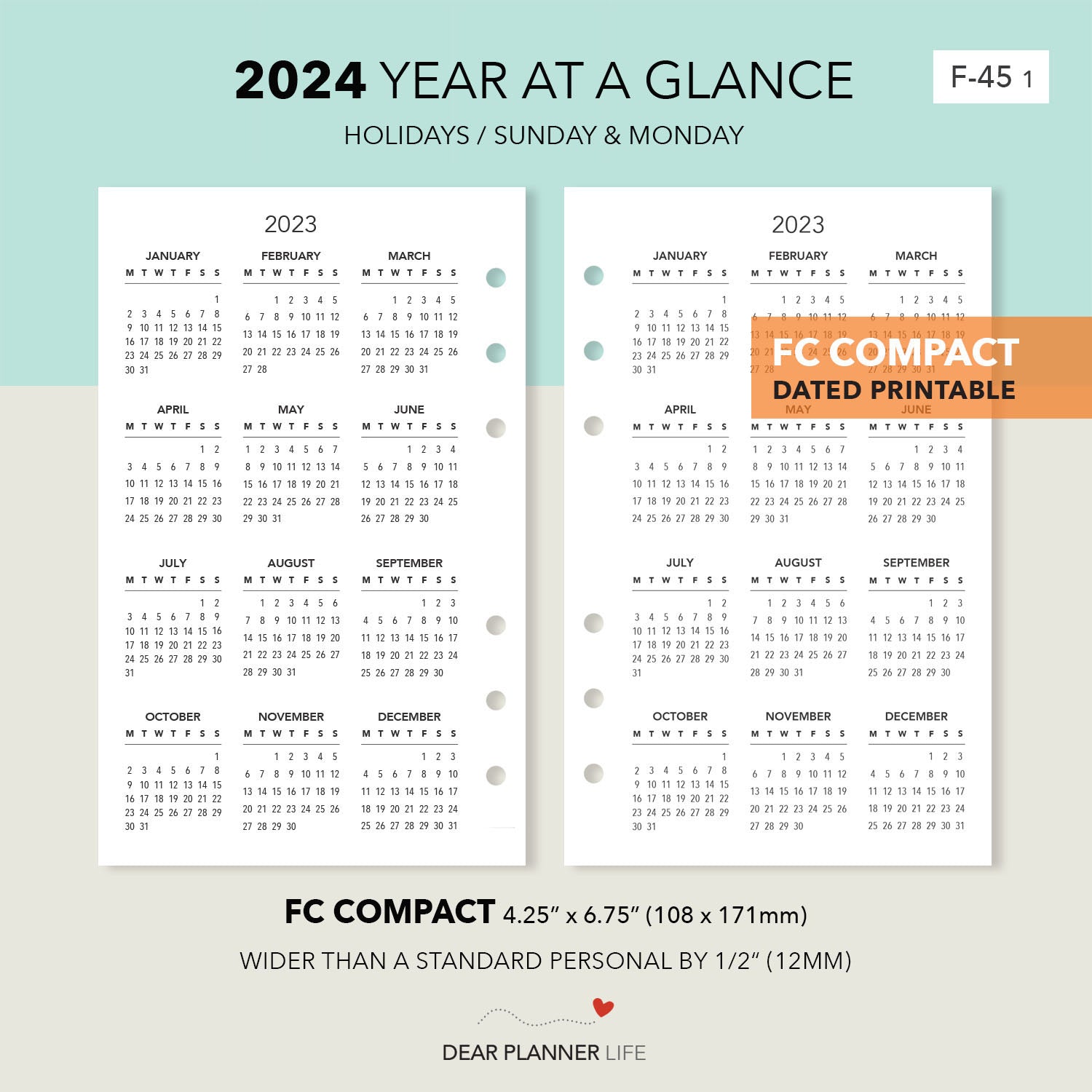 2024 Year on 1 Page with Holidays (FC Compact) Monday & Sunday Start, Printable PDF : F-45 1