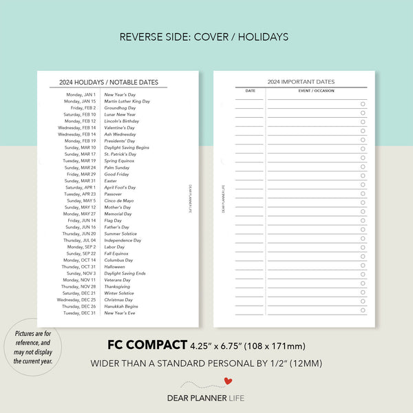 2024 Year on 2 Pages (FC Compact) Monday & Sunday Start, Printable PDF : F-45 2