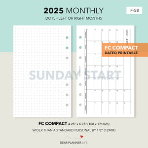 2025 Horizontal Monthly with Dots, SUNDAY Start (FC Compact Size) Printable PDF : F-58