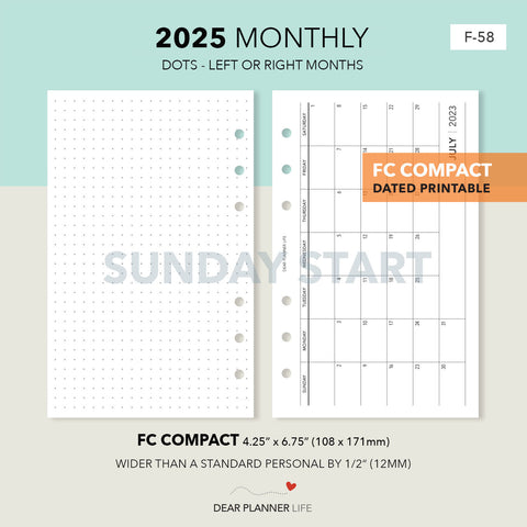 2025 Horizontal Monthly with Dots, SUNDAY Start (FC Compact Size) Printable PDF : F-58