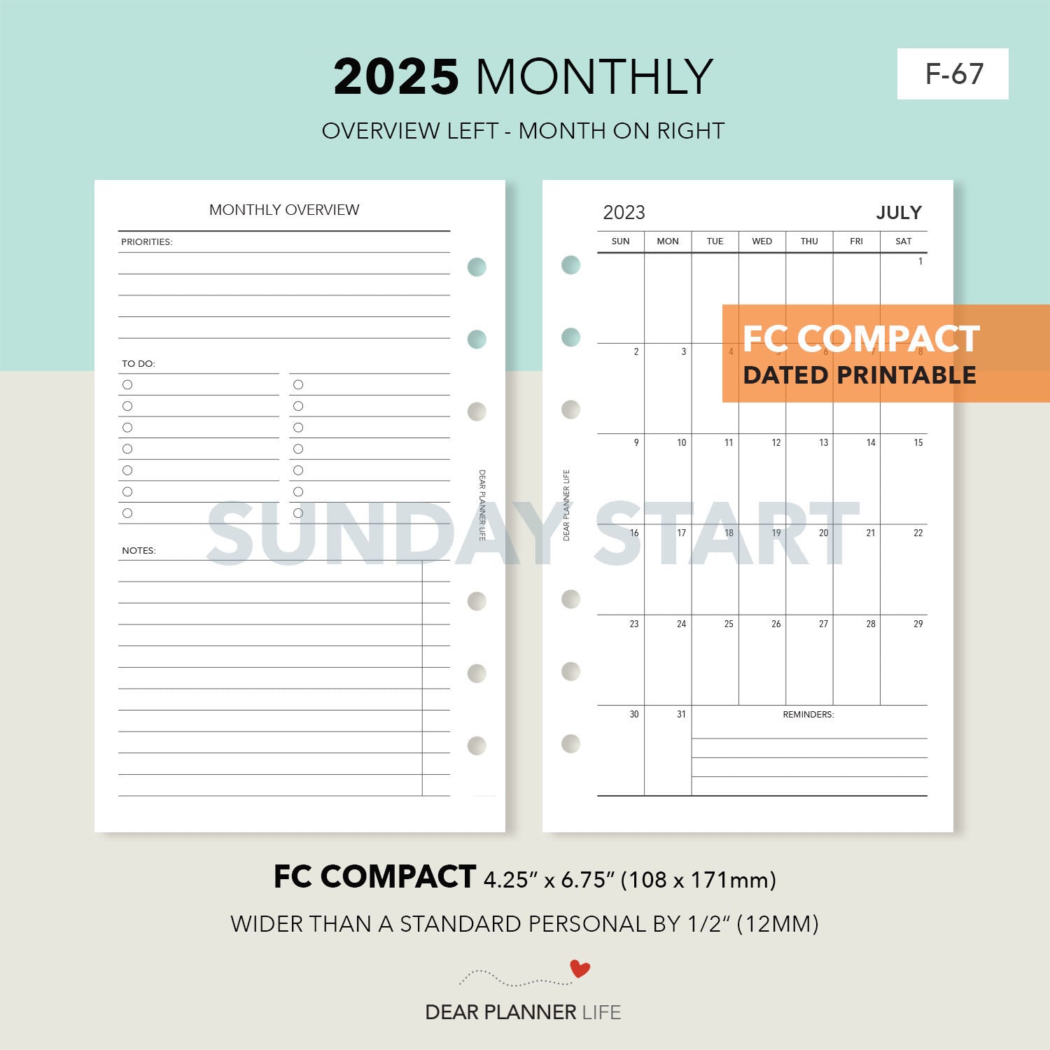 2025 Vertical Monthly with Month Overview, SUNDAY Start (FC Compact Size) Printable PDF : F-67