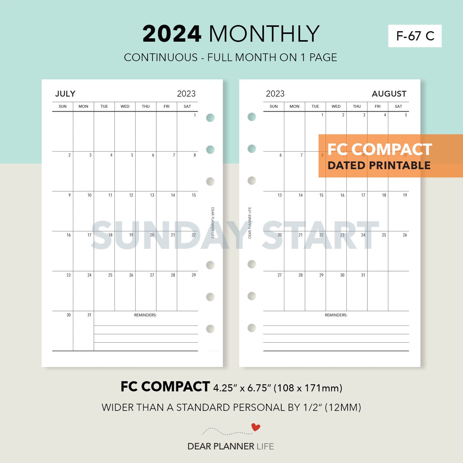 2024 Vertical Month On 1 Page, SUNDAY Start (FC Compact Size) Printable PDF : F-67 C