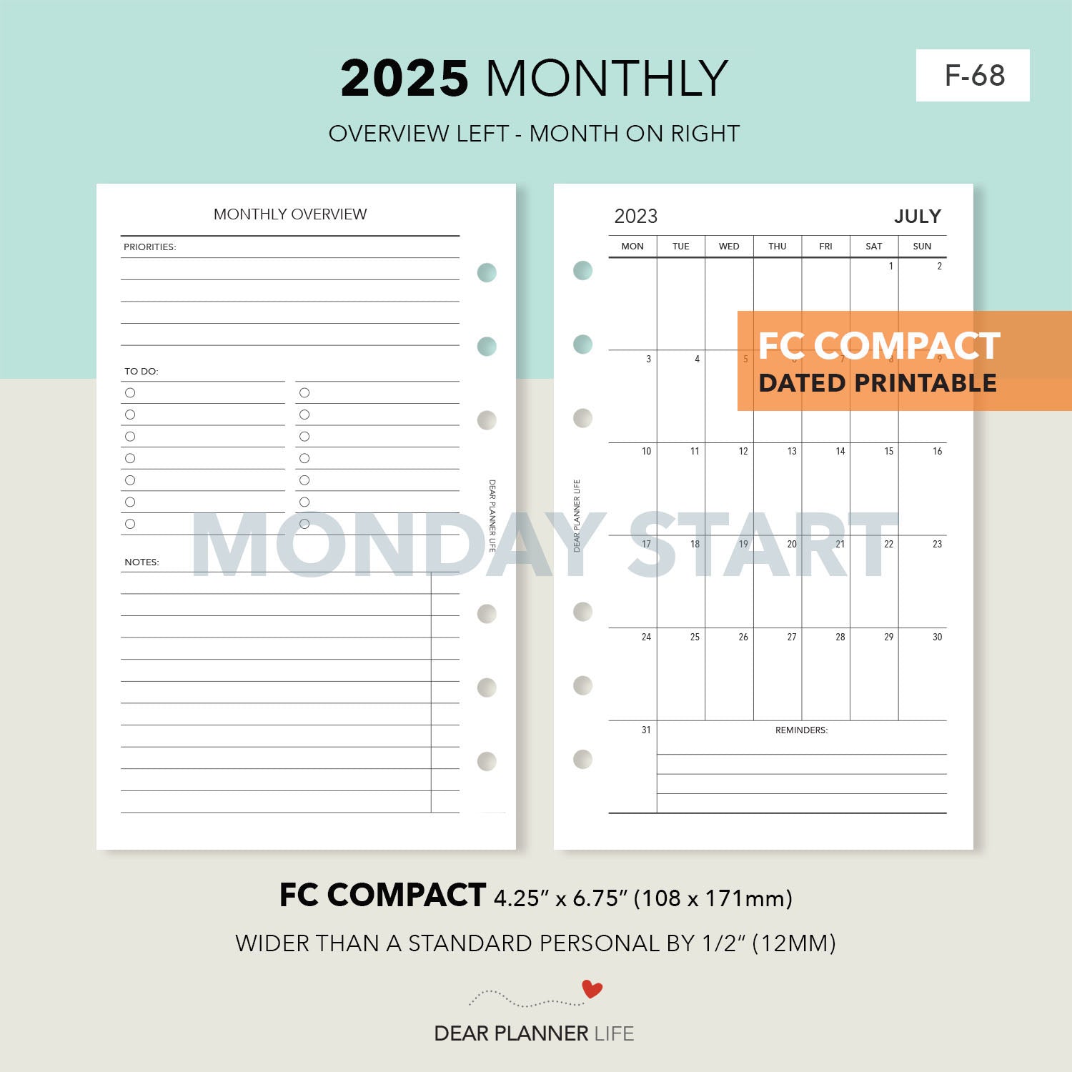 2025 Vertical Monthly with Month Overview, MONDAY Start (FC Compact Size) Printable PDF : F-68