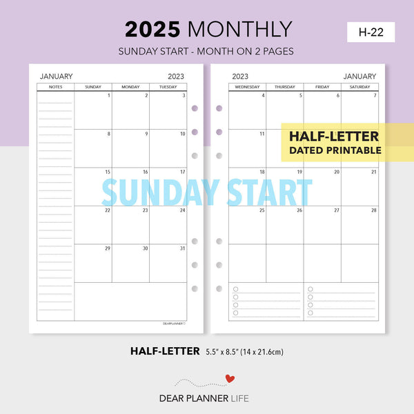 2025 Monthly Calendar (Half-Letter) Sunday Start Printable PDF : H-22