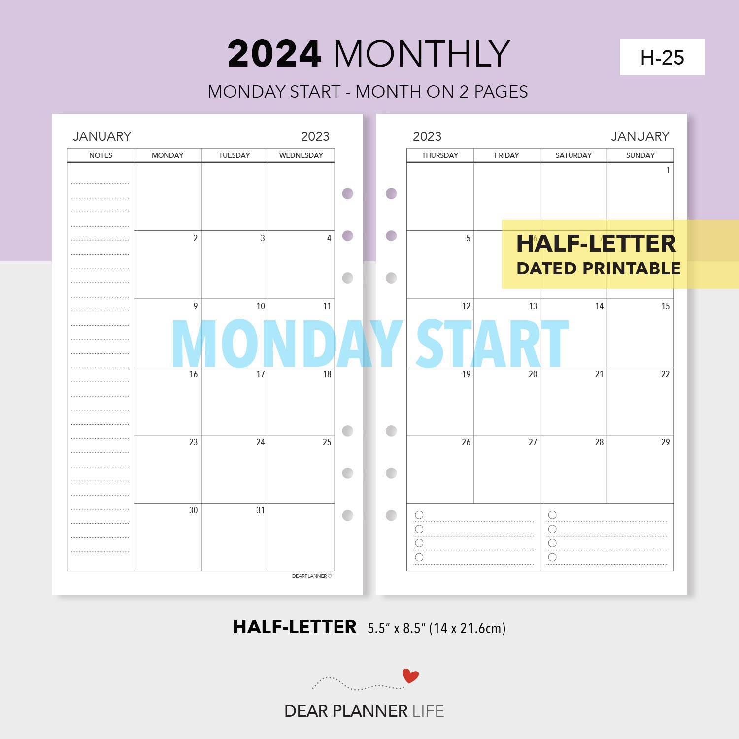 2024 Monthly Calendar (Half-Letter) MONDAY Start Printable PDF : H-25