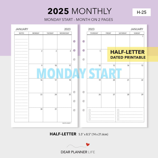 2025 Monthly Calendar (Half-Letter) MONDAY Start Printable PDF : H-25