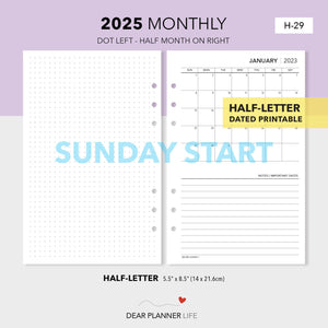 2025 Month on 1 Page Calendar (Half-Letter) Sunday Start Printable PDF : H-29