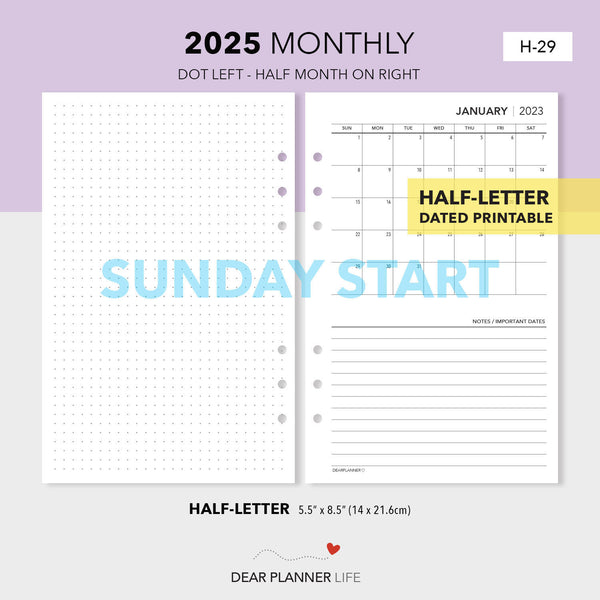 2025 Month on 1 Page Calendar (Half-Letter) Sunday Start Printable PDF : H-29