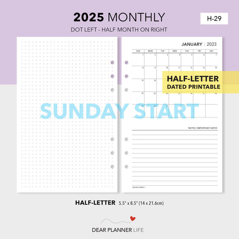 2025 Month on 1 Page Calendar (Half-Letter) Sunday Start Printable PDF : H-29