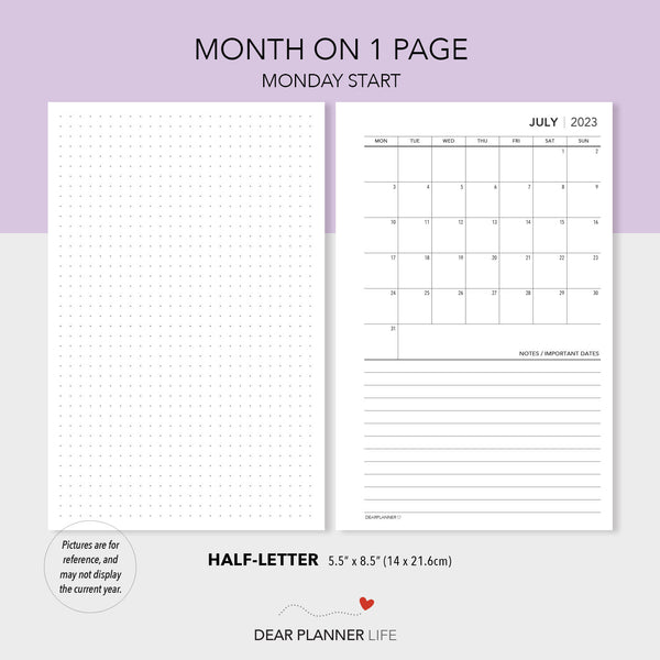 2025 Month on 1 Page Calendar (Half-Letter) Sunday Start Printable PDF : H-30