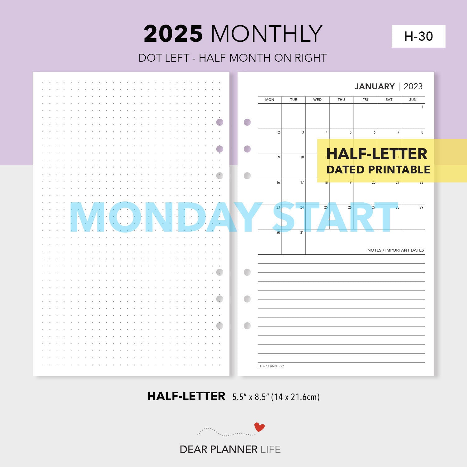 2025 Month on 1 Page Calendar (Half-Letter) Sunday Start Printable PDF : H-30