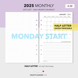 2025 Month on 1 Page Calendar (Half-Letter) Sunday Start Printable PDF : H-30