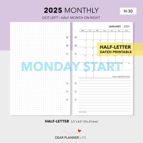 2025 Month on 1 Page Calendar (Half-Letter) Sunday Start Printable PDF : H-30