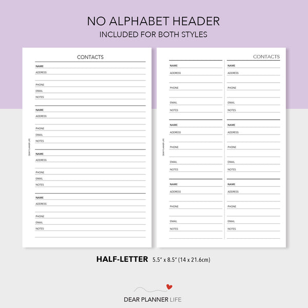 Contact List (Half-Letter) Printable PDF : H-34