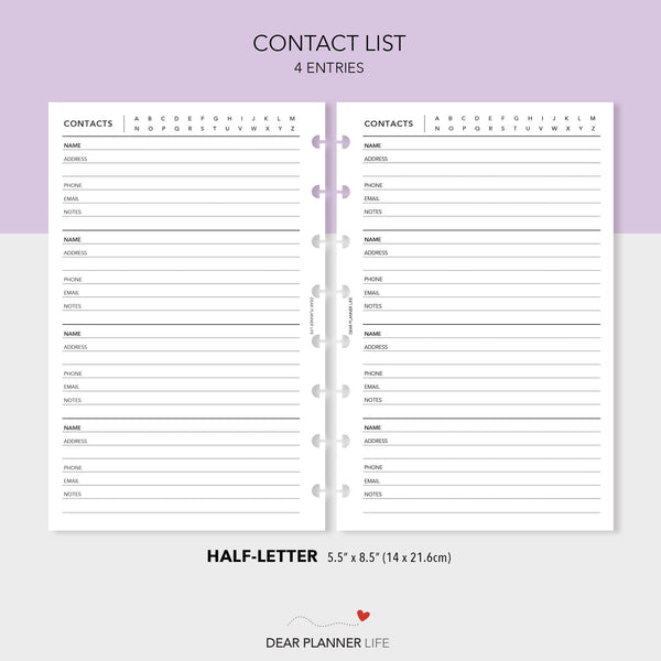 Contact List (Half-Letter) Printable PDF : H-34