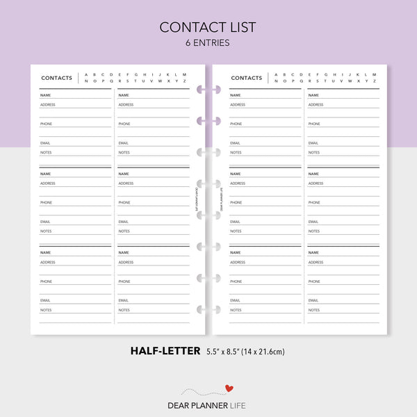 Contact List (Half-Letter) Printable PDF : H-34