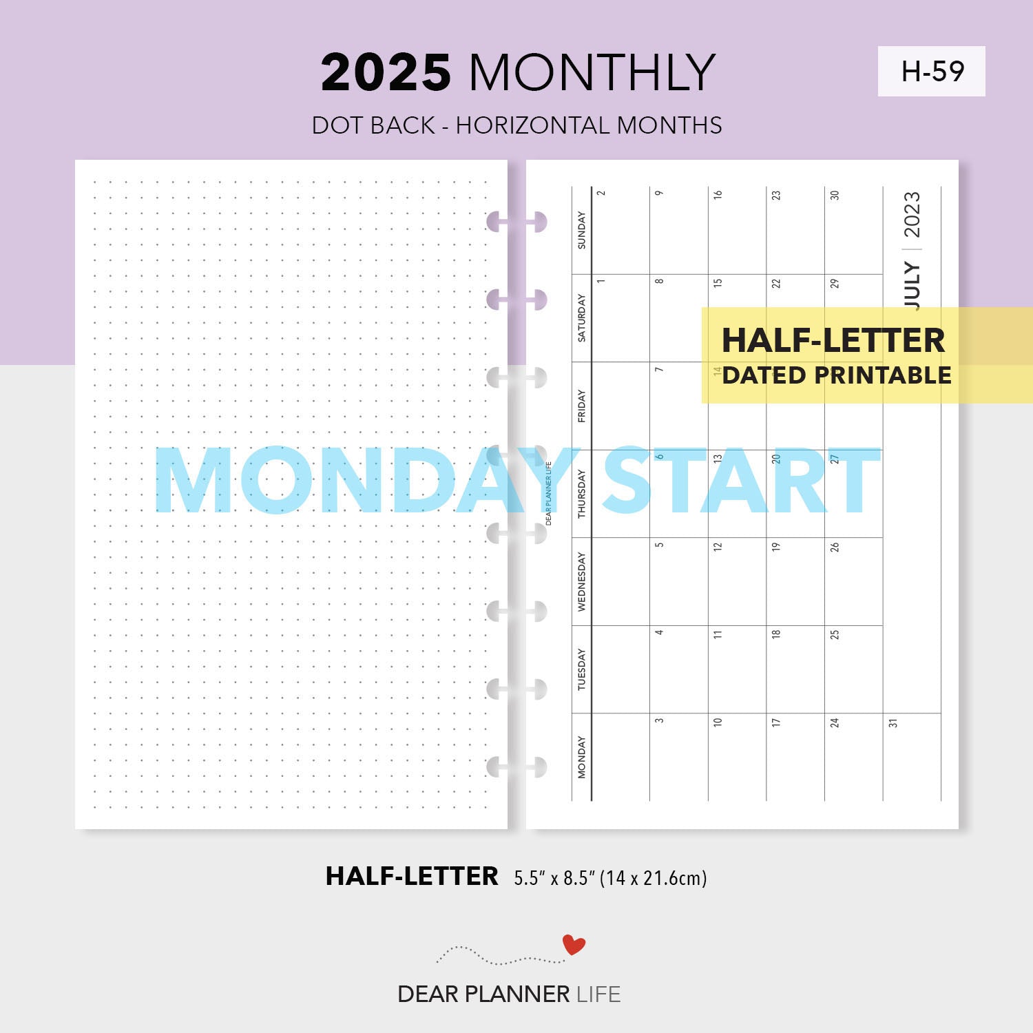 2025 Month on 1 Page Calendar with Dots (Half-Letter) Sunday Start Printable PDF : H-58