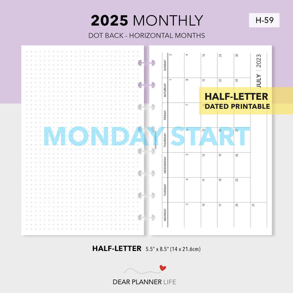 2025 Month on 1 Page Calendar with Dots (Half-Letter) MONDAY Start Printable PDF : H-59