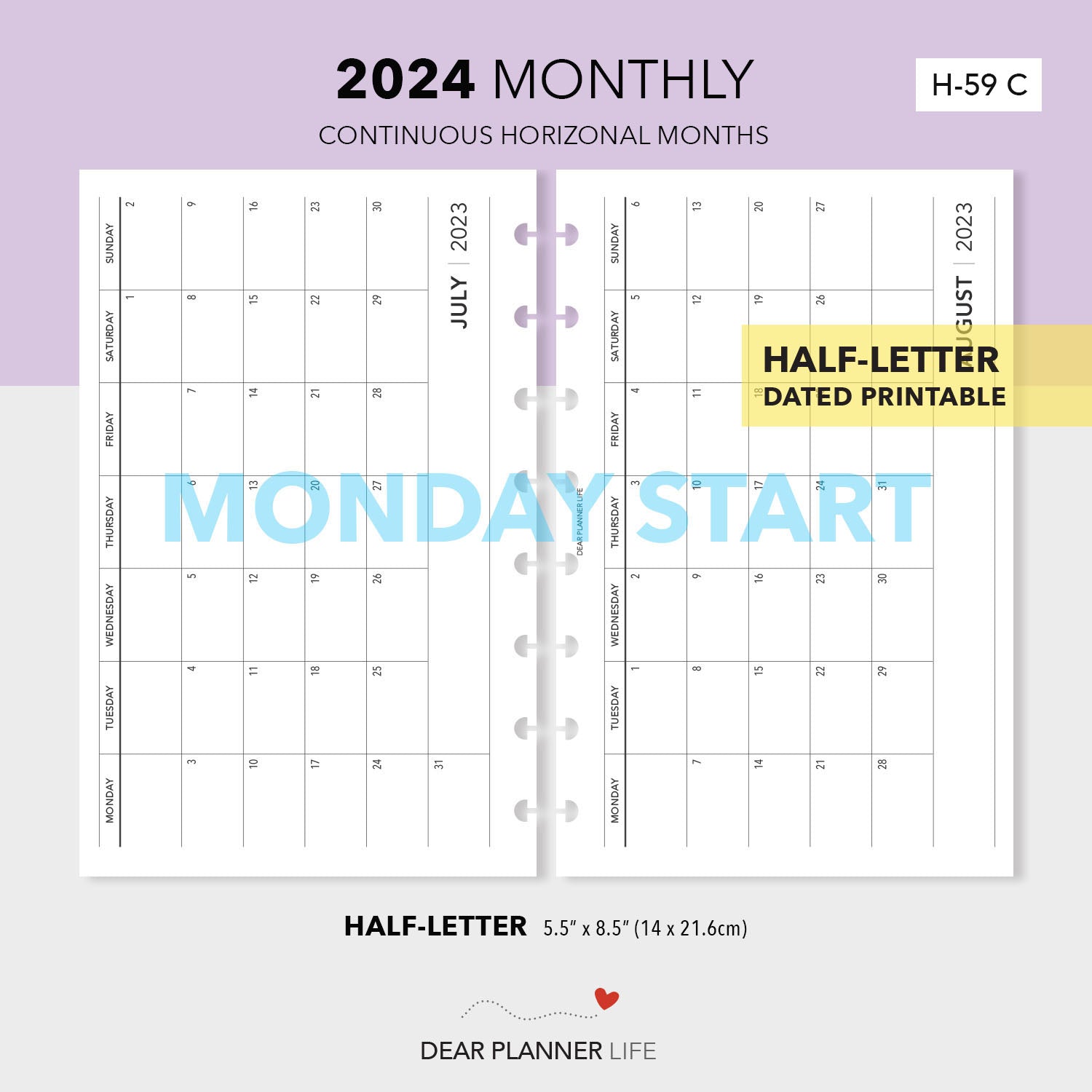 2024 Horizontal Month on 1 Page (Half-Letter) MONDAY Start Printable PDF : H-59 C