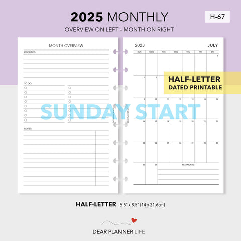 2025 Vertical Mo1P with Month Overview (Half-Letter) Sunday Start Printable PDF : H-67