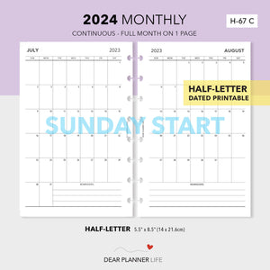 2024 Vertical Month on 1 Page (Half-Letter) SUNDAY Start Printable PDF : H-67 C