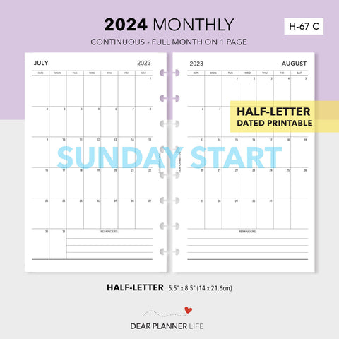 2024 Vertical Month on 1 Page (Half-Letter) SUNDAY Start Printable PDF : H-67 C