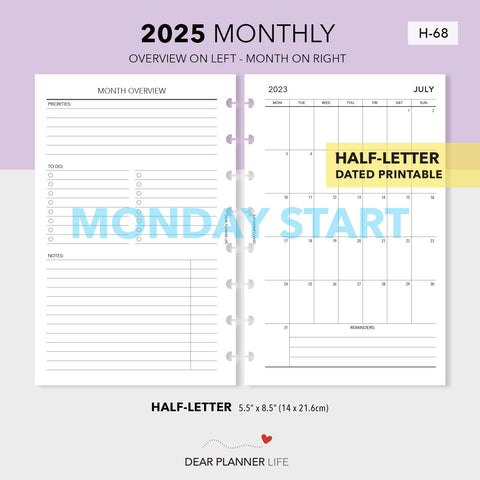 2025 Vertical Mo1P with Month Overview (Half-Letter) MONDAY Start Printable PDF : H-68