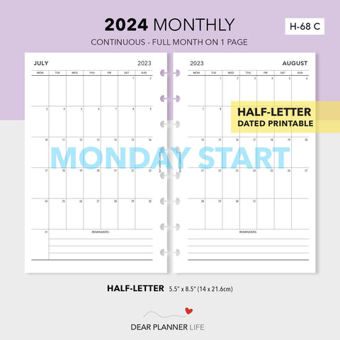 2024 Vertical Month on 1 Page (Half-Letter) MONDAY Start Printable PDF : H-68 C