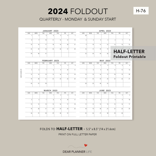 2024 Quarterly Foldout - Monday & Sunday Start (Half-Letter Size) Printable PDF : H-76