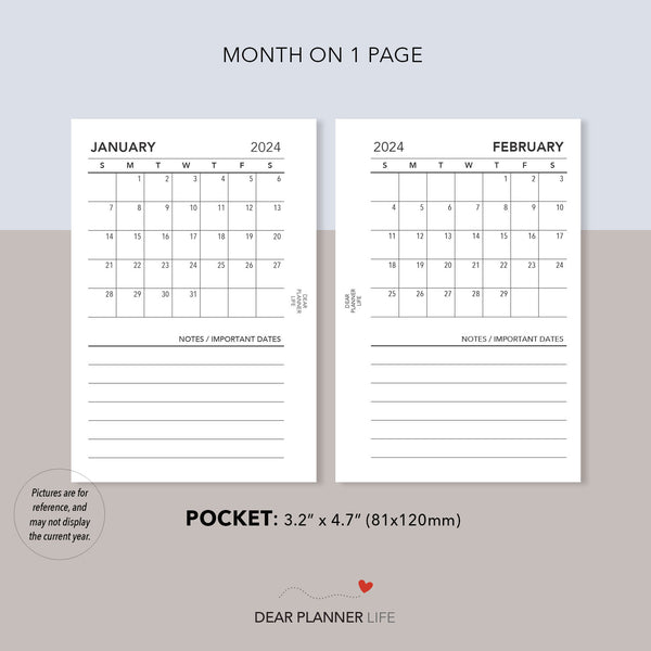 2024 Month on 1 Page (Pocket Size) SUNDAY Start, Printable PDF : K-29 C