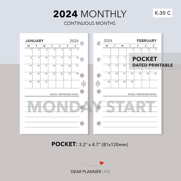 2024 Month on 1 Page (Pocket Size) MONDAY Start, Printable PDF : K-30 C