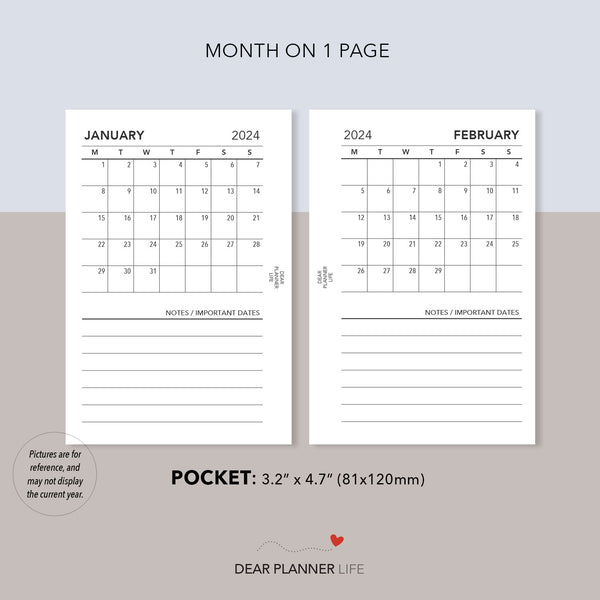 2024 Month on 1 Page (Pocket Size) MONDAY Start, Printable PDF : K-30 C