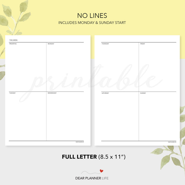 Vertical Quadrant Week on 2 Pages - Undated (Letter Size) Printable PDF - L-14