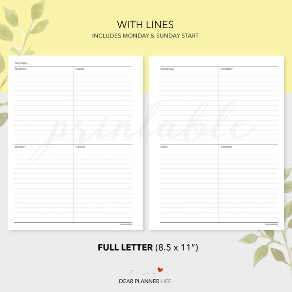 Vertical Quadrant Week on 2 Pages - Undated (Letter Size) Printable PDF - L-14