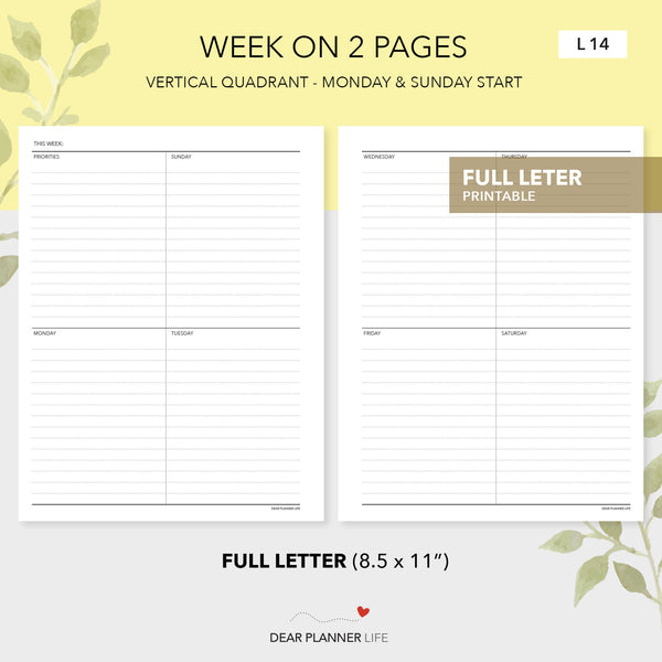 Vertical Quadrant Week on 2 Pages - Undated (Letter Size) Printable PDF - L-14