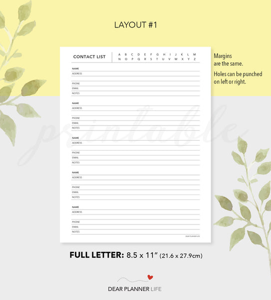 Contact List (Letter Size) Printable PDF - L-34