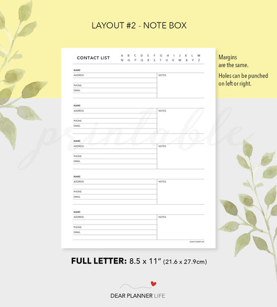 Contact List (Letter Size) Printable PDF - L-34