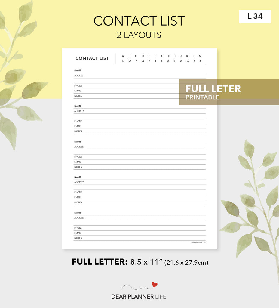 Contacts Pdf File Contact List (Letter Size) Printable PDF - L-34 – DearPlannerLife