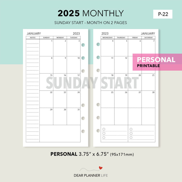 2025 Month on 2 Pages (Personal Size) SUNDAY Start, Printable PDF : P-22