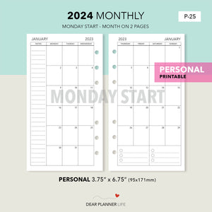 2024 Month on 2 Pages (Personal Size) Monday Start, Printable PDF : P-25