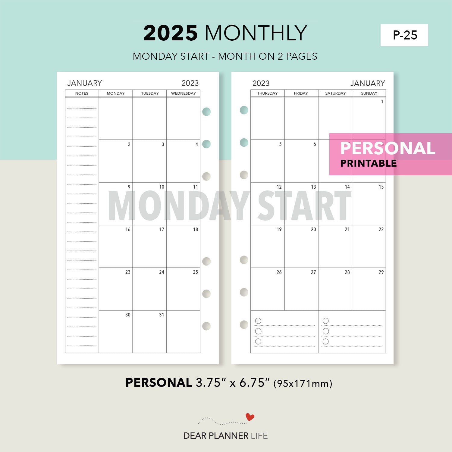 2025 Month on 2 Pages (Personal Size) Monday Start, Printable PDF : P-25