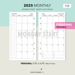 2025 Month on 2 Pages (Personal Size) Monday Start, Printable PDF : P-25