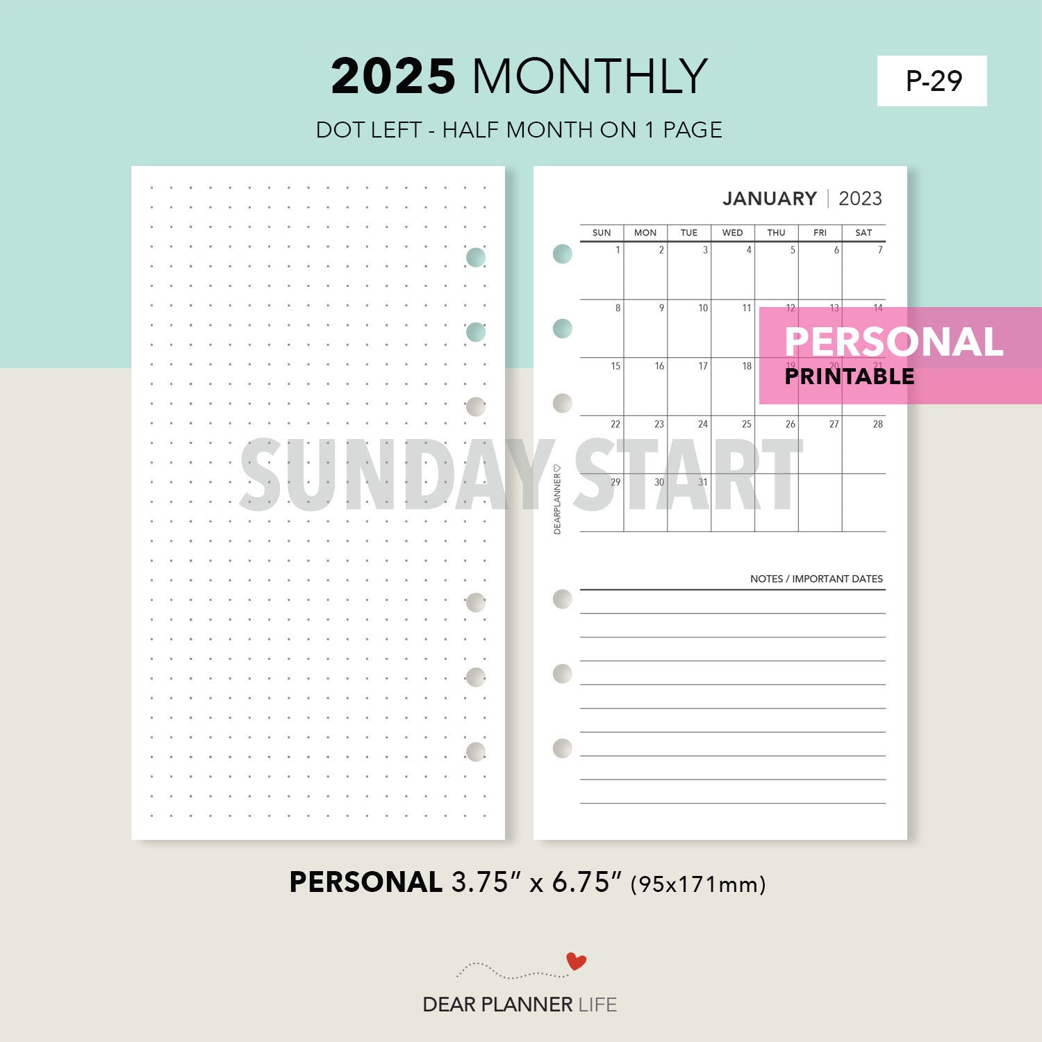 2025 Personal Size : Sunday Start Month On 1 Page Printable PDF : P-29