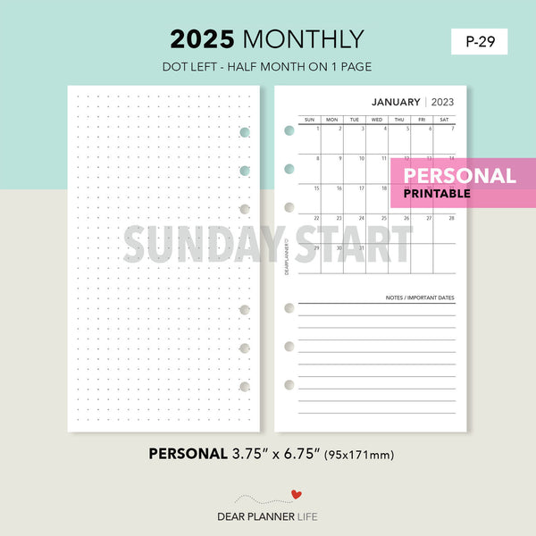 2025 Personal Size : Sunday Start Month On 1 Page Printable PDF : P-29