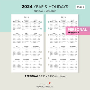 2024 Year on 1 Page with Holidays - Monday & Sunday Start (Personal Size) Printable PDF : P-45 1