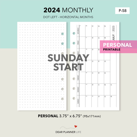 2024 Horizontal Month On 1 Page with Dot Pages - SUNDAY Start (Personal Size) Printable PDF : P-58