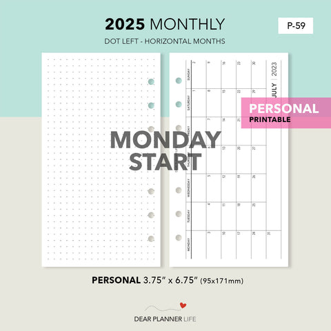 2025 Horizontal Month On 1 Page with Dot Pages - MONDAY Start (Personal Size) Printable PDF : P-59